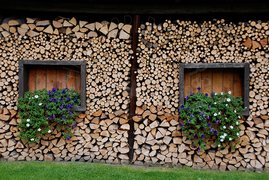 Parete di legni accatastati con finestre e fiori